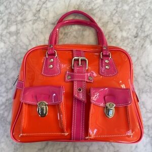 Faux Patent Leather Orange and Pink Satchel Purse
